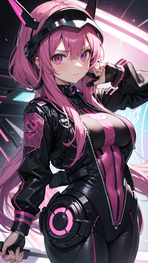 pilot black suit technological advanced, long pink hair, leotard, cute, teenage, futuristic pink eyes, her pilot's helmet in han...