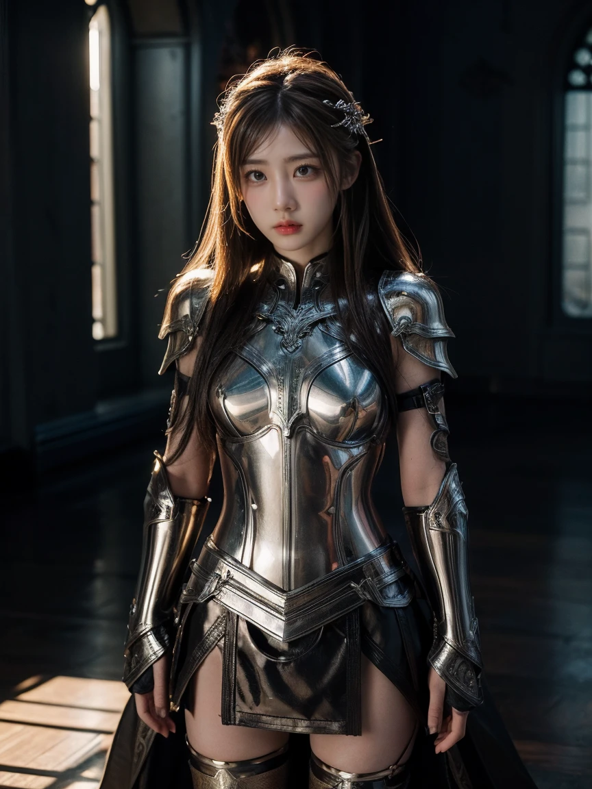 Beautiful girl, 20 years old, radiant skin, long flowing light brown hair, standing in a mystical setting. Intricate armor, shiny metal, detailed patterns, strong yet elegant. Armor fitted, protective shoulder and chest pieces, artistic design. Right hand holding a long sword, shiny blade, reflecting light, leather-wrapped hilt with intricate carvings. Sunlight filtering through trees, creating shimmering light spots on the ground, highlighting her beauty. Soft lighting effects for depth, natural shadows on body and armor. Adjust depth of field to emphasize the girl in the center, blurred background for expansive, mysterious atmosphere. Strong, elegant, and enigmatic character." This keyword-based prompt should help generate a vivid image of the character you described