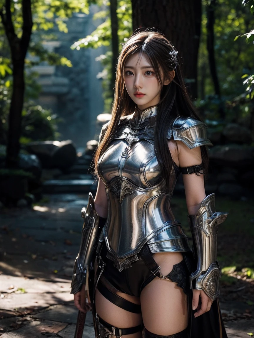 Beautiful girl, 20 years old, radiant skin, long flowing light brown hair, standing in a mystical setting. Intricate armor, shiny metal, detailed patterns, strong yet elegant. Armor fitted, protective shoulder and chest pieces, artistic design. Right hand holding a long sword, shiny blade, reflecting light, leather-wrapped hilt with intricate carvings. Sunlight filtering through trees, creating shimmering light spots on the ground, highlighting her beauty. Soft lighting effects for depth, natural shadows on body and armor. Adjust depth of field to emphasize the girl in the center, blurred background for expansive, mysterious atmosphere. Strong, elegant, and enigmatic character." This keyword-based prompt should help generate a vivid image of the character you described