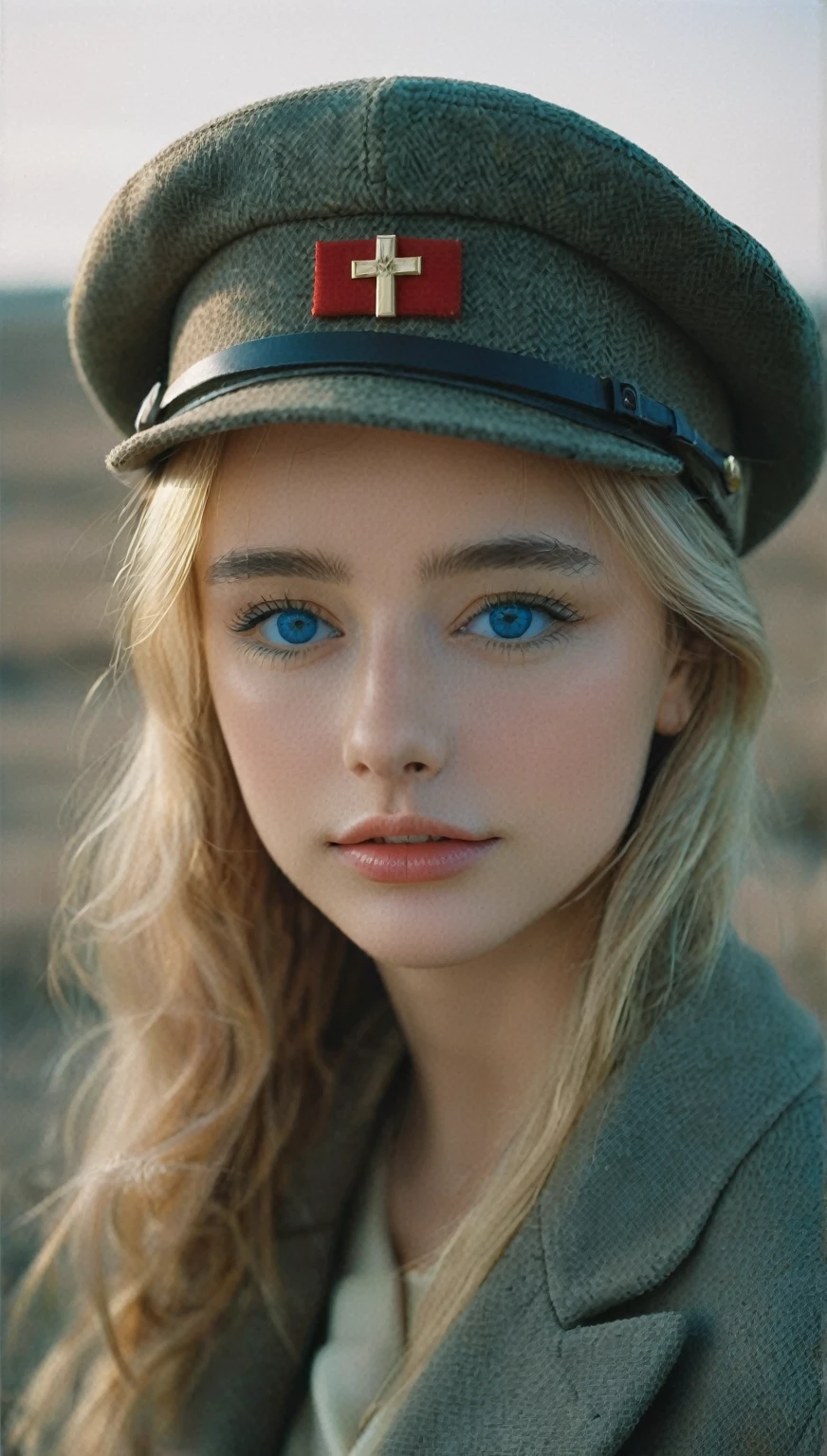 NOT Dasha Taran, amazingly beautiful woman, blue eyes, focus on eyes, cross insignia perfectly aligned with hat, natural blonde hair, photoshoot, photo studio, RAW photo, editorial photograph, film stock photograph, cinematic, posing, amateur photo, analog, raw, f2, 35mm, an (amateur photo), flash photography, taken on an old camera, polaroid, 8k, highly detailed, (high quality, best quality:1.3), Extremely high-resolution, film grain, photography, dslr, 35mm, Fujifilm Superia Premium 400, Nikon D850 film stock photograph, Kodak Portra 400 f1.6 lens, 8k, UHD