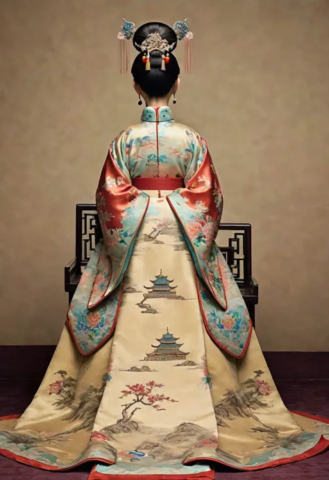 the figure of the empress of the qing dynasty in china, seen from behind. the empress&#39;s large breasts and large bare buttock...