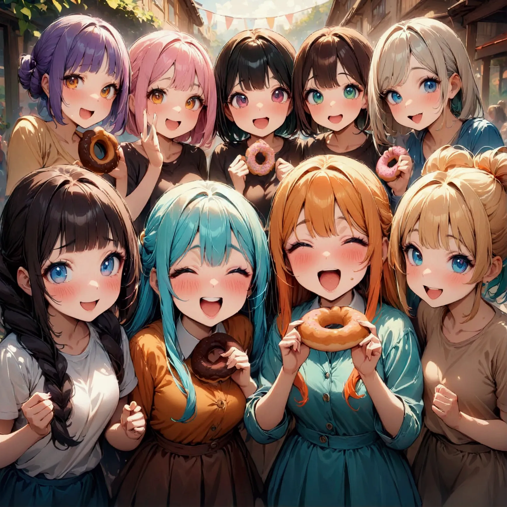 ((super giant doughnut)), (girls eating donuts), multiple girls, group picture, lineup, 6+girls, colorful hair, various hairstyl...