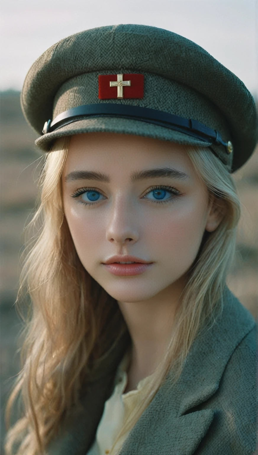 NOT Dasha Taran, amazingly beautiful woman, blue eyes, focus on eyes, cross insignia perfectly aligned with hat, natural blonde hair, photoshoot, photo studio, RAW photo, editorial photograph, film stock photograph, cinematic, posing, amateur photo, analog, raw, f2, 35mm, an (amateur photo), flash photography, taken on an old camera, polaroid, 8k, highly detailed, (high quality, best quality:1.3), Extremely high-resolution, film grain, photography, dslr, 35mm, Fujifilm Superia Premium 400, Nikon D850 film stock photograph, Kodak Portra 400 f1.6 lens, 8k, UHD