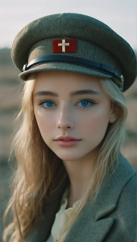 NOT Dasha Taran, amazingly beautiful woman, blue eyes, focus on eyes, cross insignia perfectly aligned with hat, natural blonde ...