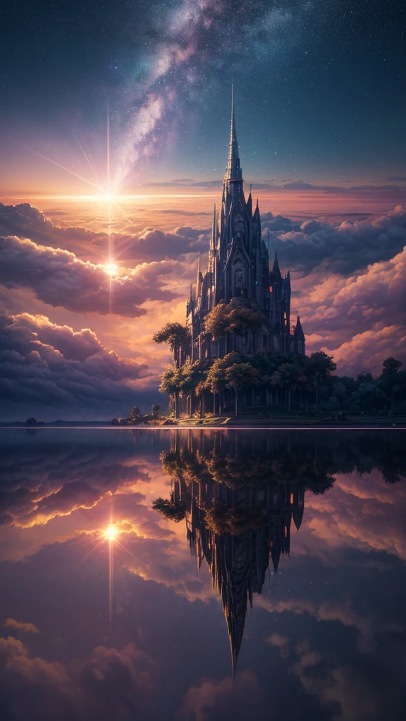 (8k, best quality, masterpiece, Final fantasy style: 1.2), (unrealistic, Reality: 1.37), Dreamy Landscape, fantasy, Unrealistic scenery, Very detailed, Flying Castle, Floating island in the air, Seven colors light vortex, Strong lightning, Milky Way, Complex lighting, Colored Light, Great Lake, Starry sky reflected in the lake, Countless shining stars, Meteor, Reflection , (A beam of light emanated from the ground:1,2),Paradise rose and orchid gardens , Sunset, rosy clouds, Sky Waterfall, Realistic style, Surrealism, fairies flying, A flying spaceship floating above the clouds, Burning skyscraper, ,