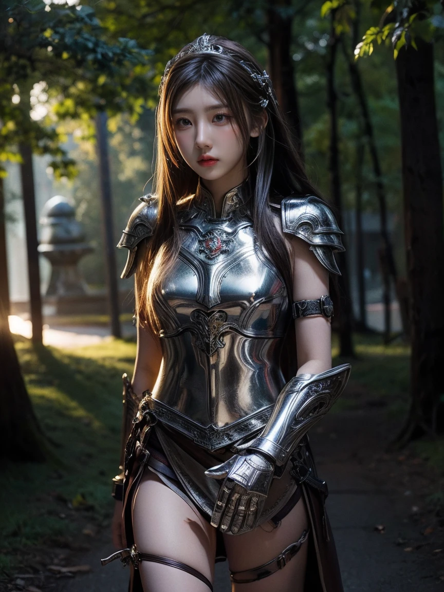 Beautiful girl, 20 years old, radiant skin, long flowing light brown hair, standing in a mystical setting. Intricate armor, shiny metal, detailed patterns, strong yet elegant. Armor fitted, protective shoulder and chest pieces, artistic design. (Right hand holding a long sword, shiny blade, reflecting light, leather-wrapped hilt with intricate carvings). Sunlight filtering through trees, creating shimmering light spots on the ground, highlighting her beauty. Soft lighting effects for depth, natural shadows on body and armor. Adjust depth of field to emphasize the girl in the center, blurred background for expansive, mysterious atmosphere. Strong, elegant, and enigmatic character." This keyword-based prompt should help generate a vivid image of the character you described