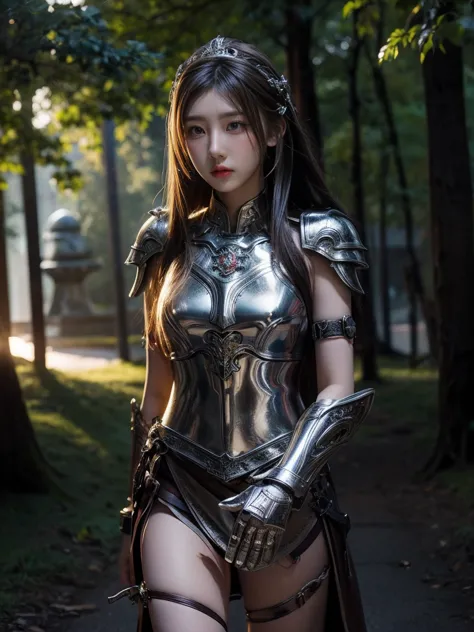 beautiful girl, 20 years old, radiant skin, long flowing light brown hair, standing in a mystical setting. intricate armor, shin...