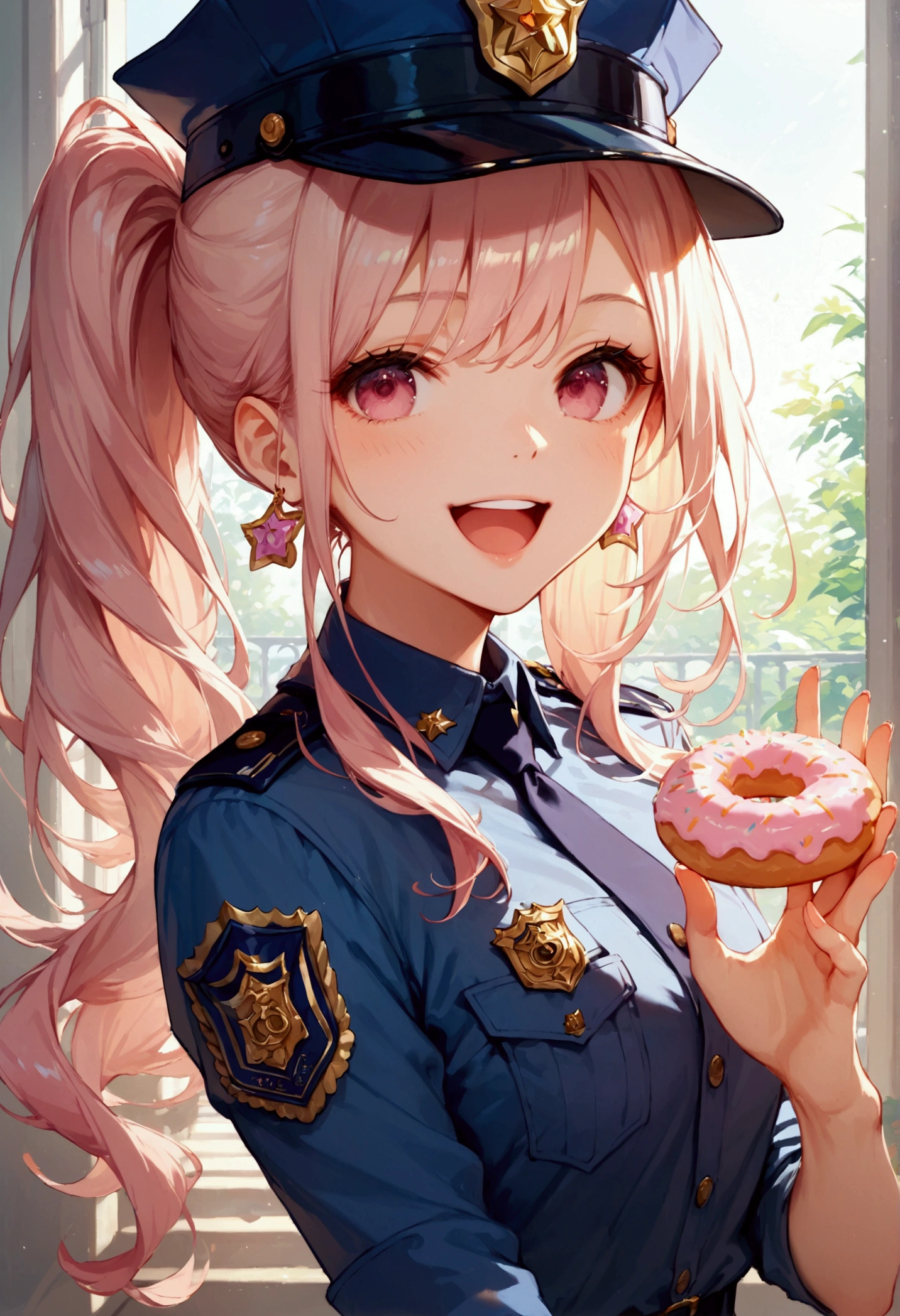 score_9, score_8_up, score_7_up, score_6_up, masterpiece, top quality, best quality, official art, beautiful and aesthetic, anime_source, centered, cinematic scene, 1girl, pink eyes, open mouth, doughnut, holding doughnut, police officer, cop, happy, Expressiveh