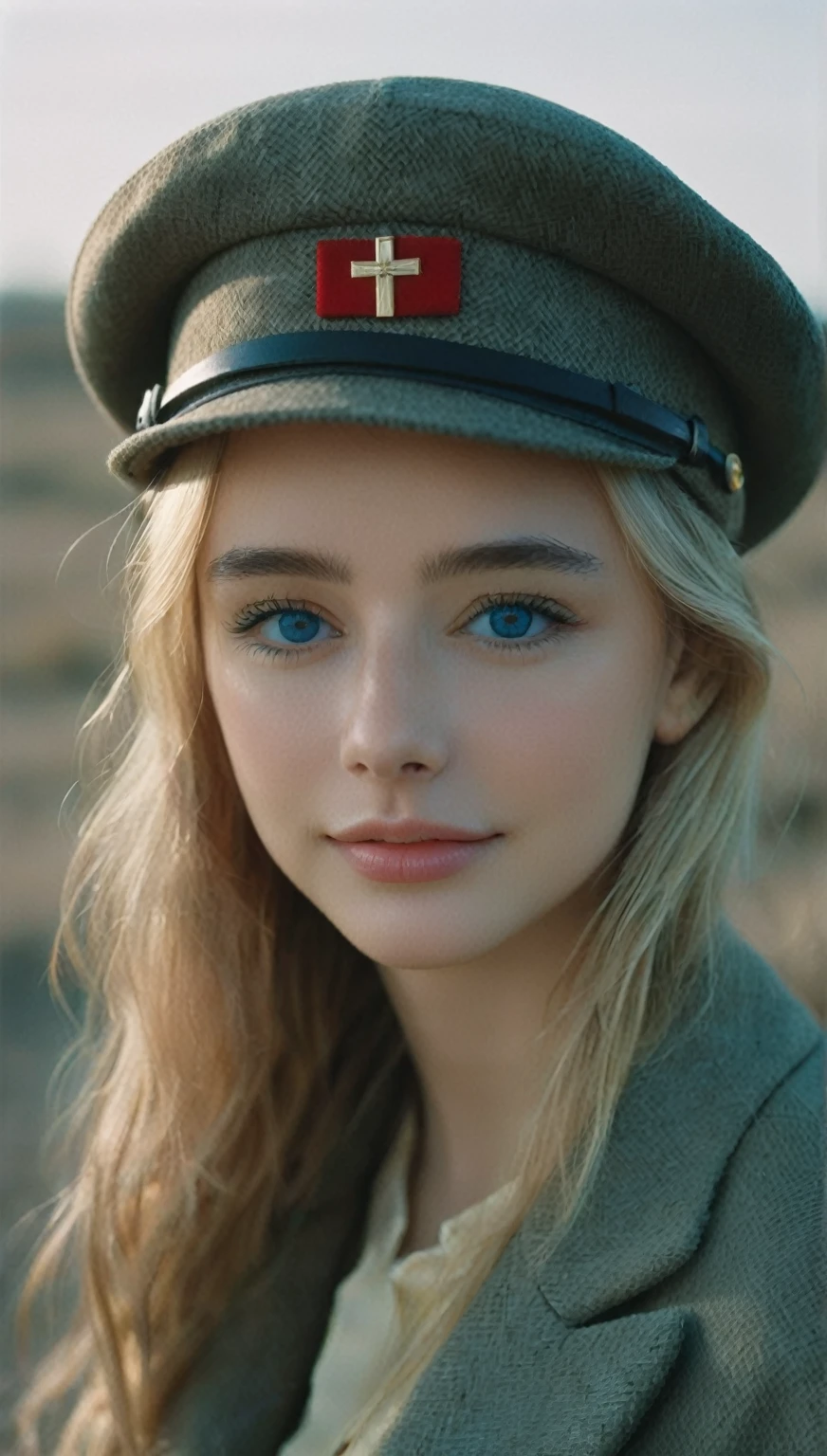 NOT Dasha Taran, amazingly beautiful woman, blue eyes, focus on eyes, cross insignia perfectly aligned with hat, natural blonde hair, photoshoot, photo studio, RAW photo, editorial photograph, film stock photograph, cinematic, posing, amateur photo, analog, raw, f2, 35mm, an (amateur photo), flash photography, taken on an old camera, polaroid, 8k, highly detailed, (high quality, best quality:1.3), Extremely high-resolution, film grain, photography, dslr, 35mm, Fujifilm Superia Premium 400, Nikon D850 film stock photograph, Kodak Portra 400 f1.6 lens, 8k, UHD, fantastically beautiful smile