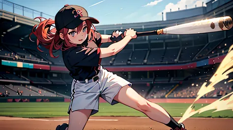 1 girl playing baseball, wearing a baseball cap,from side,full body,
play baseball, have baseball bat, (swing baseball bat,:1.1)...