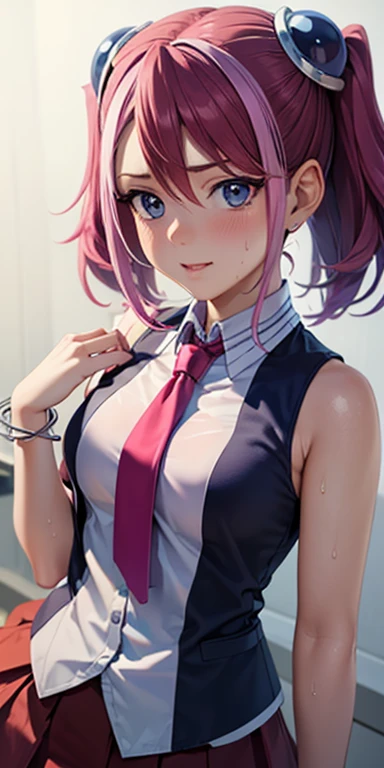 1 Female,High definition,high resolution,Ultra-realistic,8K, hy1, hair ornament, multicolored hair, necktie, skirt, sleeveless, , pink skirt, tight skirt,miniskirt, jewelry,European,sexy,Upper body close-up,Photographed from the front,Dynamic Angles,blush, medium , happy, wink the eye,facial, sweat,multicolored hair 