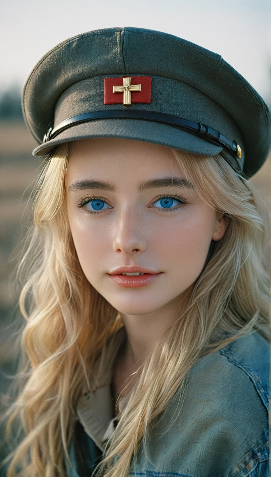 NOT Dasha Taran, amazingly beautiful woman, blue eyes, focus on eyes, cross insignia perfectly aligned with hat, natural blonde hair, photoshoot, photo studio, RAW photo, editorial photograph, film stock photograph, cinematic, posing, amateur photo, analog, raw, f2, 35mm, an (amateur photo), flash photography, taken on an old camera, polaroid, 8k, highly detailed, (high quality, best quality:1.3), Extremely high-resolution, film grain, photography, dslr, 35mm, Fujifilm Superia Premium 400, Nikon D850 film stock photograph, Kodak Portra 400 f1.6 lens, 8k, UHD, fantastically beautiful laughter