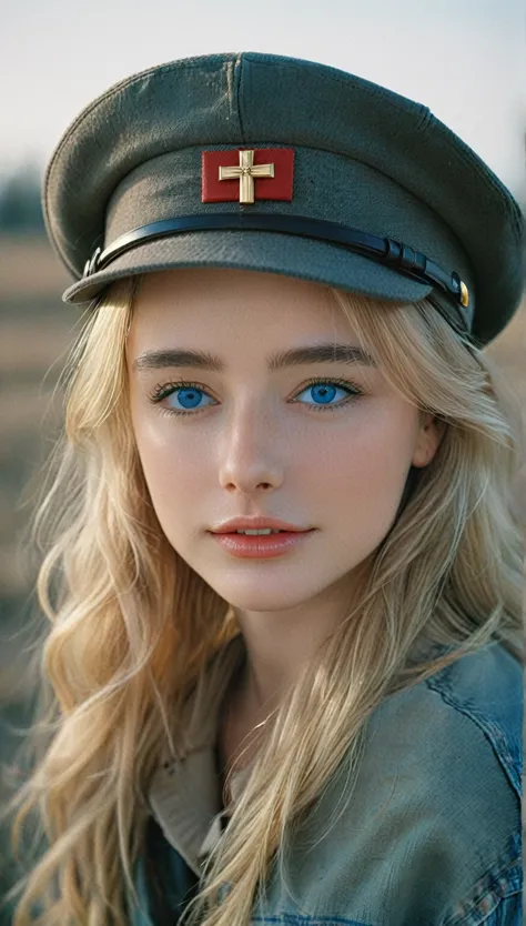 not dasha taran, amazingly beautiful woman, blue eyes, focus on eyes, cross insignia perfectly aligned with hat, natural blonde ...