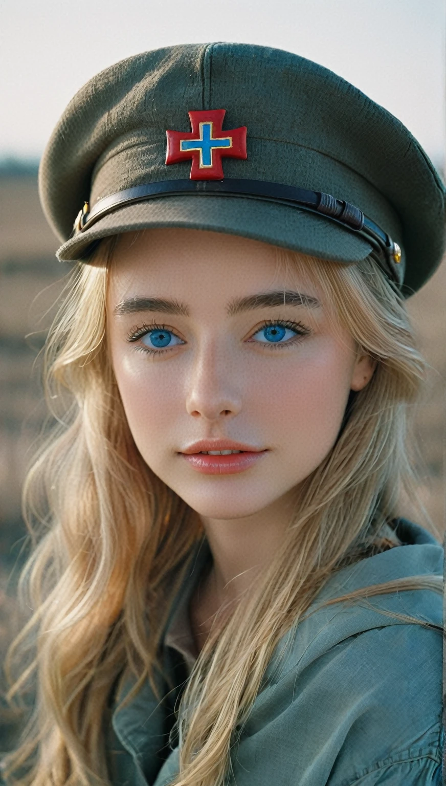 NOT Dasha Taran, amazingly beautiful woman, blue eyes, focus on eyes, cross insignia perfectly aligned with hat, natural blonde hair, photoshoot, photo studio, RAW photo, editorial photograph, film stock photograph, cinematic, posing, amateur photo, analog, raw, f2, 35mm, an (amateur photo), flash photography, taken on an old camera, polaroid, 8k, highly detailed, (high quality, best quality:1.3), Extremely high-resolution, film grain, photography, dslr, 35mm, Fujifilm Superia Premium 400, Nikon D850 film stock photograph, Kodak Portra 400 f1.6 lens, 8k, UHD, fantastically beautiful laughter