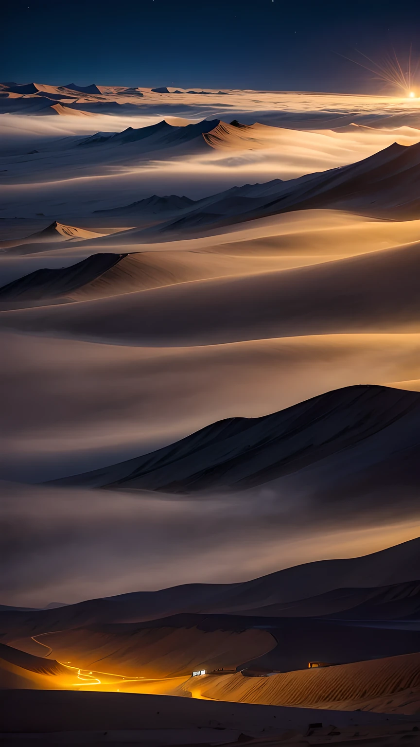 tempête de sable，Qinghai，nuit，Sac à dos，lune，Lumière，spectaculaire，choc。