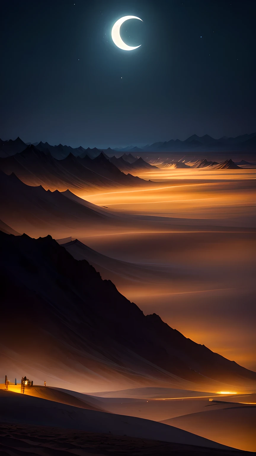 tempête de sable，Qinghai，nuit，Sac à dos，lune，Lumière，spectaculaire，choc。