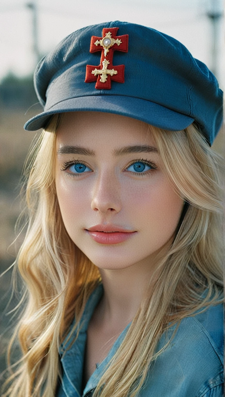 NOT Dasha Taran, amazingly beautiful woman, blue eyes, focus on eyes, cross insignia perfectly aligned with hat, natural blonde hair, photoshoot, photo studio, RAW photo, editorial photograph, film stock photograph, cinematic, posing, amateur photo, analog, raw, f2, 35mm, an (amateur photo), flash photography, taken on an old camera, polaroid, 8k, highly detailed, (high quality, best quality:1.3), Extremely high-resolution, film grain, photography, dslr, 35mm, Fujifilm Superia Premium 400, Nikon D850 film stock photograph, Kodak Portra 400 f1.6 lens, 8k, UHD, fantastically beautiful laughter