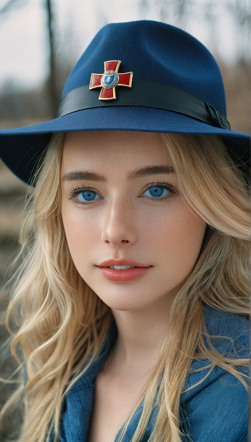 NOT Dasha Taran, amazingly beautiful woman, blue eyes, focus on eyes, cross insignia perfectly aligned with hat, natural blonde hair, photoshoot, photo studio, RAW photo, editorial photograph, film stock photograph, cinematic, posing, amateur photo, analog, raw, f2, 35mm, an (amateur photo), flash photography, taken on an old camera, polaroid, 8k, highly detailed, (high quality, best quality:1.3), Extremely high-resolution, film grain, photography, dslr, 35mm, Fujifilm Superia Premium 400, Nikon D850 film stock photograph, Kodak Portra 400 f1.6 lens, 8k, UHD, fantastically beautiful laughter