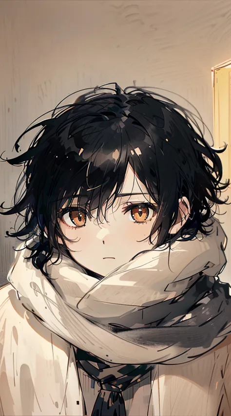 young man with black hair, partially covered face with beige and gray scarf, intense gaze, slightly messy hair, cozy indoor ligh...