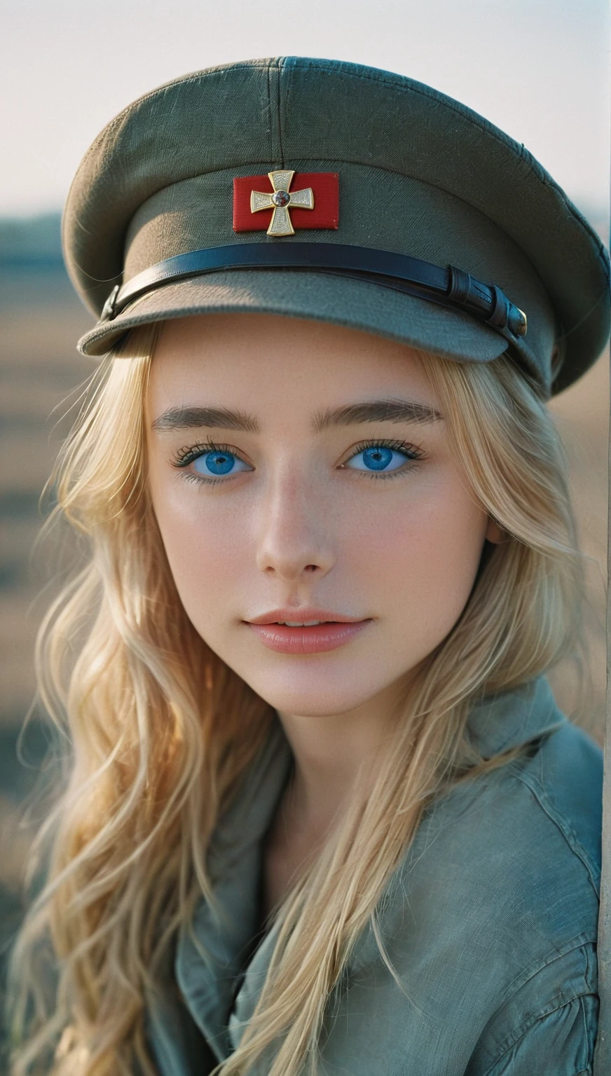 NOT Dasha Taran, amazingly beautiful woman, blue eyes, focus on eyes, cross insignia perfectly aligned with hat, natural blonde hair, photoshoot, photo studio, RAW photo, editorial photograph, film stock photograph, cinematic, posing, amateur photo, analog, raw, f2, 35mm, an (amateur photo), flash photography, taken on an old camera, polaroid, 8k, highly detailed, (high quality, best quality:1.3), Extremely high-resolution, film grain, photography, dslr, 35mm, Fujifilm Superia Premium 400, Nikon D850 film stock photograph, Kodak Portra 400 f1.6 lens, 8k, UHD, fantastically beautiful laughter