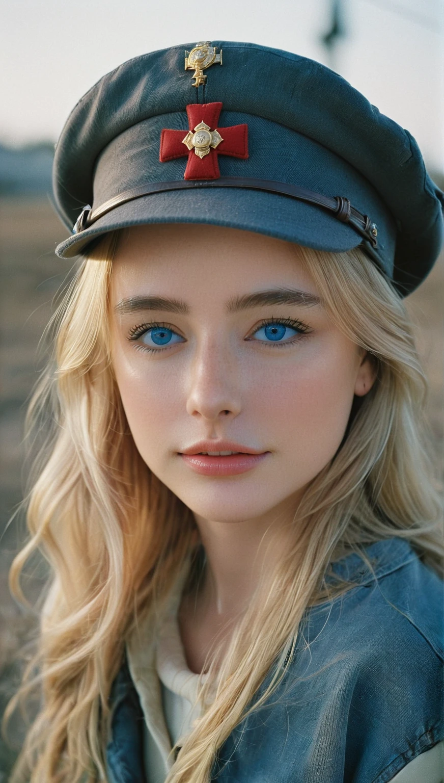 NOT Dasha Taran, amazingly beautiful woman, blue eyes, focus on eyes, cross insignia perfectly aligned with hat, natural blonde hair, photoshoot, photo studio, RAW photo, editorial photograph, film stock photograph, cinematic, posing, amateur photo, analog, raw, f2, 35mm, an (amateur photo), flash photography, taken on an old camera, polaroid, 8k, highly detailed, (high quality, best quality:1.3), Extremely high-resolution, film grain, photography, dslr, 35mm, Fujifilm Superia Premium 400, Nikon D850 film stock photograph, Kodak Portra 400 f1.6 lens, 8k, UHD, fantastically beautiful laughter