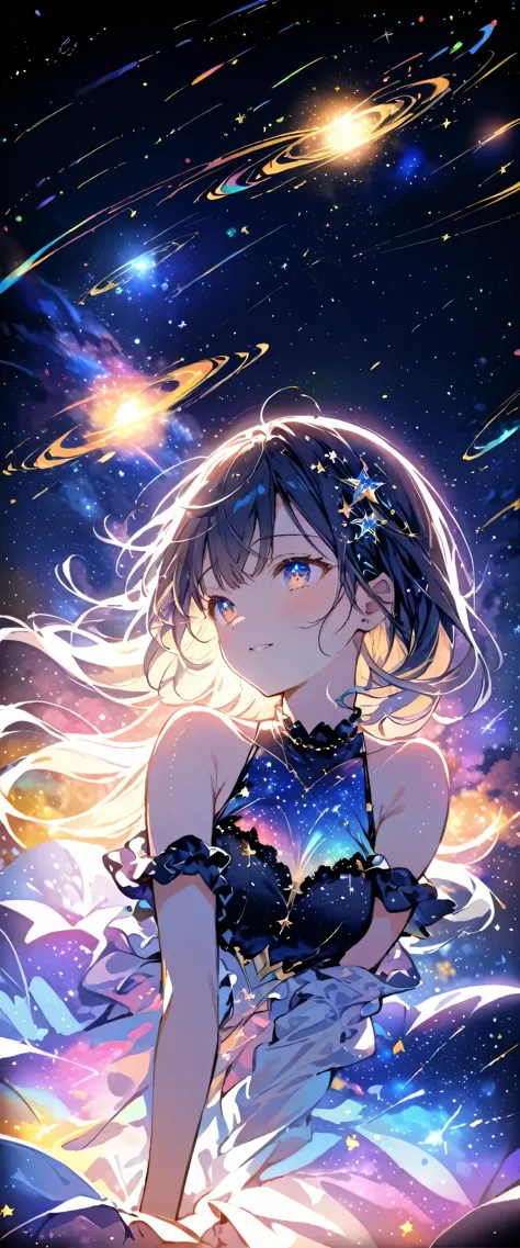 attention to detail, super detail, ultra-high resolution, a girl having a good time in a dream galaxy, surrounded by stars, the ...