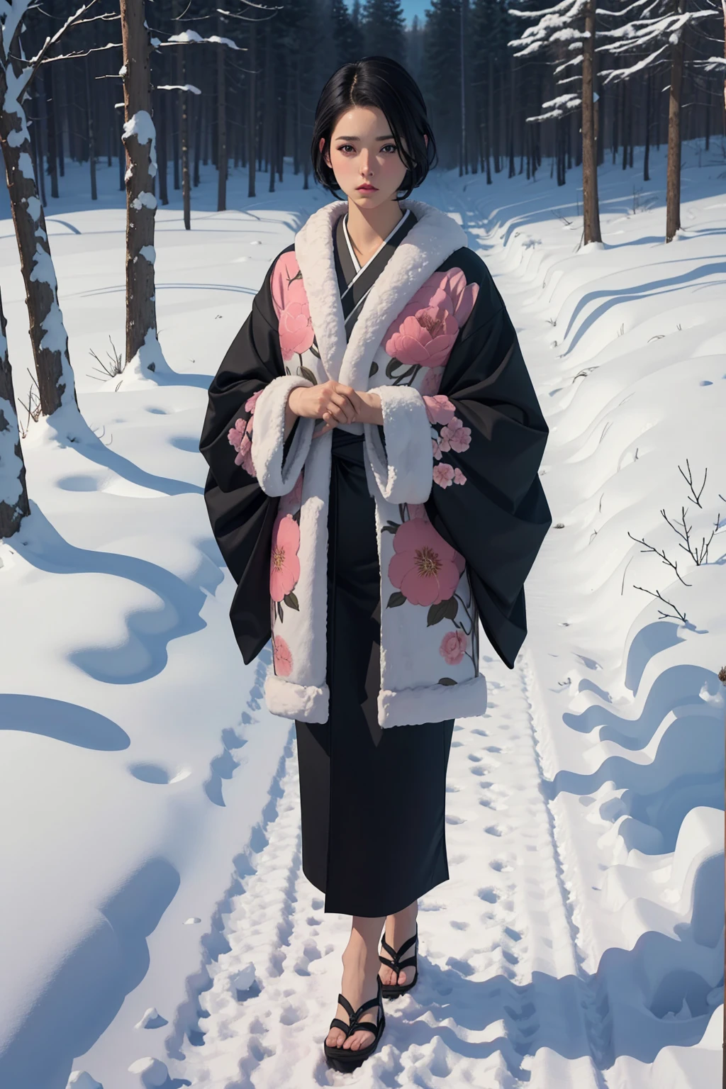 1girl,short black hair,pink flower pattern kimono,standing outside,in the snow,fullbody shot,(best quality,4k,8k,highres,masterpiece:1.2),ultra-detailed,(realistic,photorealistic,photo-realistic:1.37),winter landscape,snow-covered ground,detailed background,warm lighting,soft focus,cinematic composition