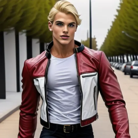 blonde, leather jacket, supergirl costume, handsome young man, big tits beauty