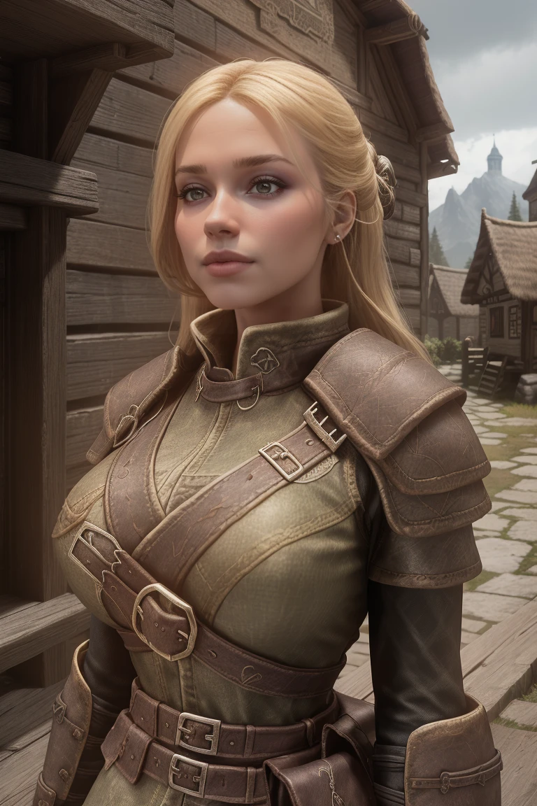 1 girl, masterpiece, 32 yo, femalebreton beauty sits outdoors in a rustic Skyrim village, surrounded by thatched roofs and lush greenery. The sun casts a warm glow on her porcelain skin as she gazes directly into the camera lens, her piercing green eyes sparkling with a hint of mischief. Her raven tresses cascade down her back like a waterfall, framing her heart-shaped face. A gentle smile plays on her lips, inviting the viewer to step into her whimsical world. blonde hair, fit body, Skyrim style, (female front view:1.3), looking at the viewer.,wearing light armor, femalebreton