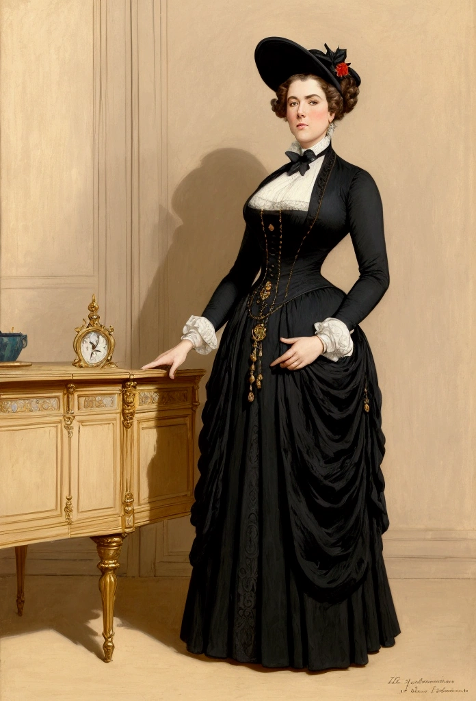 Full-length view, a tall, buxom, full-figured, pretty Victorian mature widow in a black dress and opulent updo hairstyle, standing in a Victorian office looking strict, by Jean Béraud, inspired by Jean Béraud, inspired by Édouard Detaille, edouard leon cortes, inspired by Ivan Kramskoi, inspired by Jean-Louis-Ernest Meissonier, by Édouard Detaille, inspired by Paul Émile Chabas