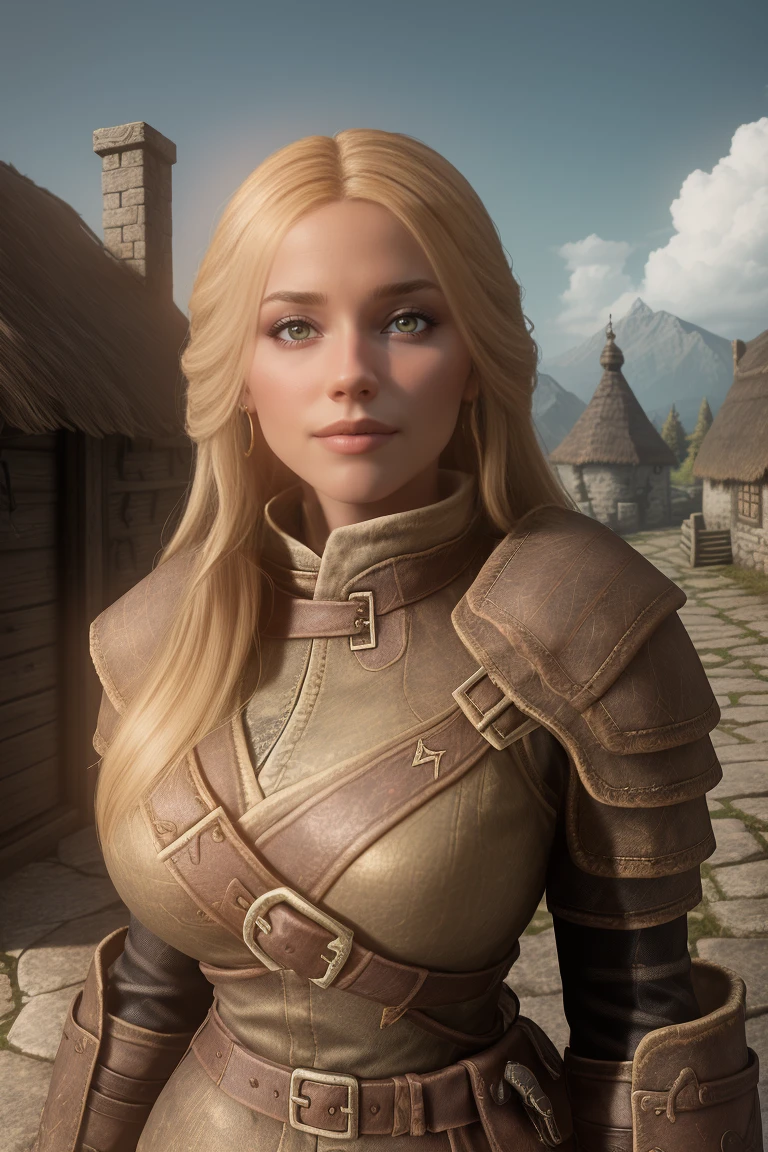 1 girl, masterpiece, 32 yo, femalebreton beauty sits outdoors in a rustic Skyrim village, surrounded by thatched roofs and lush greenery. The sun casts a warm glow on her porcelain skin as she gazes directly into the camera lens, her piercing green eyes sparkling with a hint of mischief. Her raven tresses cascade down her back like a waterfall, framing her heart-shaped face. A gentle smile plays on her lips, inviting the viewer to step into her whimsical world. blonde hair, fit body, Skyrim style, (female front view:1.3), looking at the viewer.,wearing light armor, femalebreton