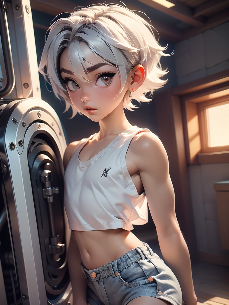 masterpiece, highest quality, 8k, Cinematic Light, Ultra-high resolution, Chibi, One boy,Full Body,Very short hair,Silver Hair, Red tank top, athletic, exposed midriff, denim shorts, big lips, cfemboy, babyface,