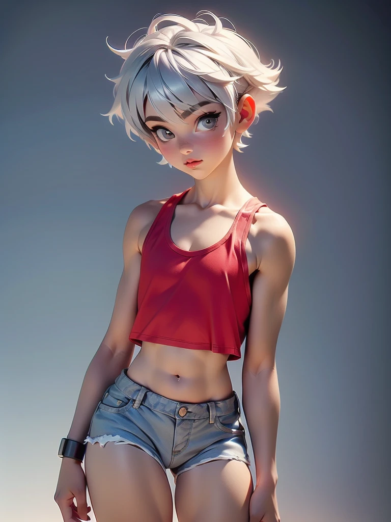 masterpiece, highest quality, 8k, Cinematic Light, Ultra-high resolution, Chibi, One boy,Full Body,Very short hair,Silver Hair, Red tank top, athletic, exposed midriff, denim shorts, big lips, cfemboy, babyface,