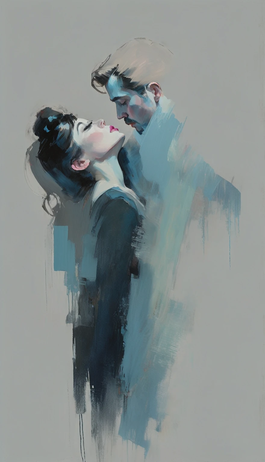 ภาพบุคคลร่วมสมัยของบุคคลในสไตล์ที่แสดงออกและมีศิลปะของ Malcolm Liepke,ผู้ชายกำลังจูบผู้หญิง ,ภาพโคลสอัพใบหน้าของแบบที่มีการใช้พู่กันแบบไดนามิกอย่างเข้มข้น, เน้นการจับภาพความลึกและพื้นผิว, ไฮไลท์สีชมพูอ่อนและสีน้ำเงินสดใสและพื้นที่ที่มีชีวิตชีวา, สีฟ้าปิดเสียง, สีน้ำเงินอมเทาเข้ม, สีเทาเข้มมาก, และเงาสีน้ำเงินเทาอ่อนและความลึก, การเปลี่ยนแปลงที่ละเอียดอ่อนของโทนสีเดียวกันในพื้นหลัง, ความสง่างามทันสมัยและความเข้มข้นทางอารมณ์