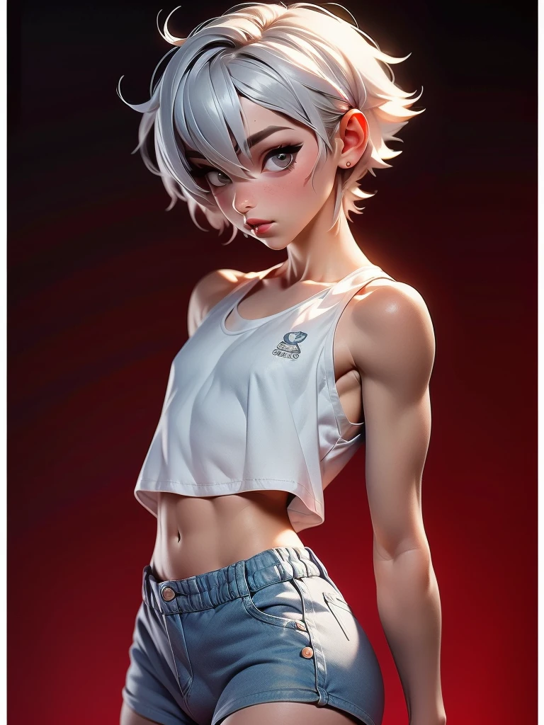 masterpiece, highest quality, 8k, Cinematic Light, Ultra-high resolution, Chibi, One boy,Full Body,Very short hair,Silver Hair, Red tank top, athletic, exposed midriff, denim shorts, big lips, cfemboy, babyface,