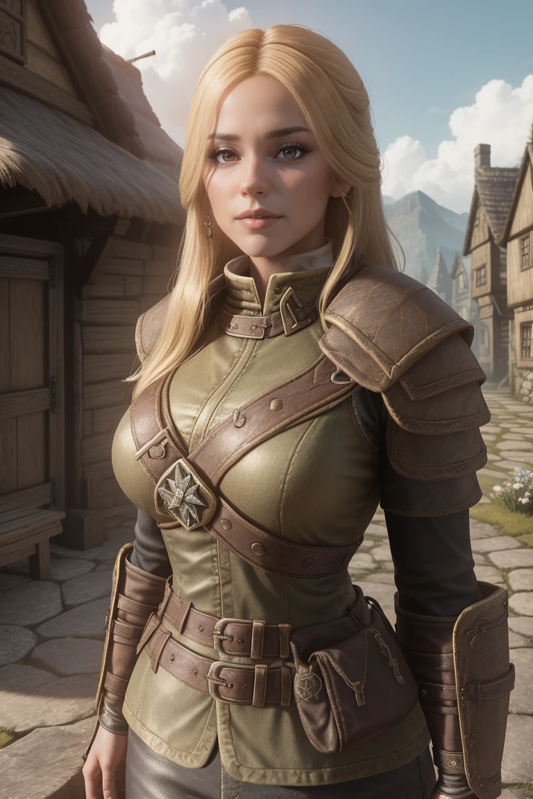 1 girl, masterpiece, 32 yo, femalebreton beauty sits outdoors in a rustic Skyrim village, surrounded by thatched roofs and lush greenery. The sun casts a warm glow on her porcelain skin as she gazes directly into the camera lens, her piercing green eyes sparkling with a hint of mischief. Her raven tresses cascade down her back like a waterfall, framing her heart-shaped face. A gentle smile plays on her lips, inviting the viewer to step into her whimsical world. blonde hair, fit body, Skyrim style, (female front view:1.3), looking at the viewer.,wearing light armor, femalebreton