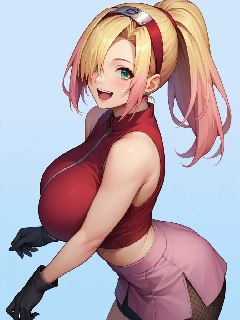 score_9, score_8_up, score_7_up,score_6_up, score_5_up, score_4_up , 1girl, solo, huge breasts, 1girl, haruno sakura, pink hair, green eyes, forehead protector, sleeveless, red shirt, bike shorts, shorts, black gloves, yamanaka ino, blonde hair, long hair, hair over one eye, ponytail, hairclip, blue eyes, purple crop top, sleeveless, purple skirt, fishnets, earrings, happy, cowboy shot, simple background