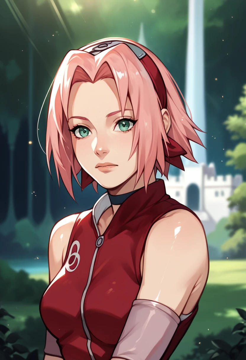 score_9,score_8_up,score_7_up,score_6_up,score_5_up,score_4_up BREAK skinny,choker,medium breasts,detached sleeves,outdoors,forest,shiny skin,bokeh,bloom,indoors,light particles,castle,space,1girl,haruno sakura,pink hair,short,hair,green eyes,forehead protector,