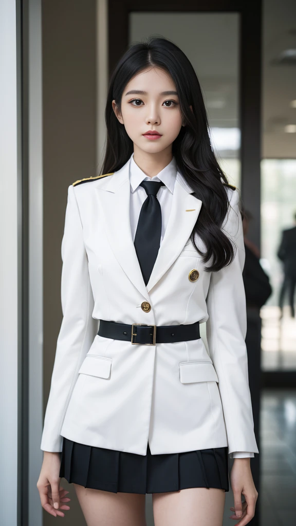 a portrait photo, beautiful face, All white outfit, military uniform, military rank insignia, business woman, beautiful woman, Wear a suit and tie, short skirt suit, business suitwhite, กระโปรงดินสอสั้นwhite, business suitรัดรูป, All white outfit, Emphasize the curves of the body, (Beautiful girl with two meter long hair, my hair is very long., extra long hair, black hair), business suit, (Italian style suit, two button suit), (Italian suit, white สูท, Set of two buttons), (wearing a women&#39;s suit, Business Women Suit, white), (สูทผู้หญิงwhite), (เสื้อเชิ้ตwhite), necktie, (necktieสั้นสีดำ, necktieสีดำ, necktieผอม, ถักnecktie), (military rank insignia), (Short pencil skirtwhite), (Dynamic posts), full body, (A gigantic rift), (big breasts, thin body, small waist, hips raised, small thighs, Long legs), high-heelsสีดำ, (Short pencil skirt, white), Wearing a suit for a business woman, (Wearing a white businesสูท, business suitหญิงwhite), (tight, military regalia, เสื้อwhite, กระโปรงwhite), Long legs, (black shoes), (Form fitting suit, เสื้อสูทwhiteทรงธรรมดารัดรูป), (black shoes, high-heels), (stand, walk, elegant gesture, Dynamic posts), short dress, earring, Slick legs, black shoes, Modeling,