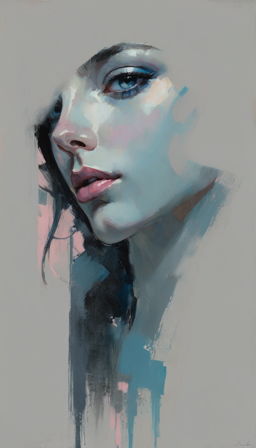 Un retrato contemporáneo de una persona en el estilo expresivo y pictórico de Malcolm Liepke., Primer plano del rostro del sujeto con pinceladas fuertes y dinámicas, Concéntrese en capturar la profundidad y la textura., Reflejos de color rosa claro y azul brillante y áreas vibrantes, azul apagado, azul grisáceo oscuro, gris muy oscuro, y sombras de color azul grisáceo claro y profundidad., Variaciones sutiles de la misma paleta de colores en el fondo., Elegancia moderna e intensidad emocional.