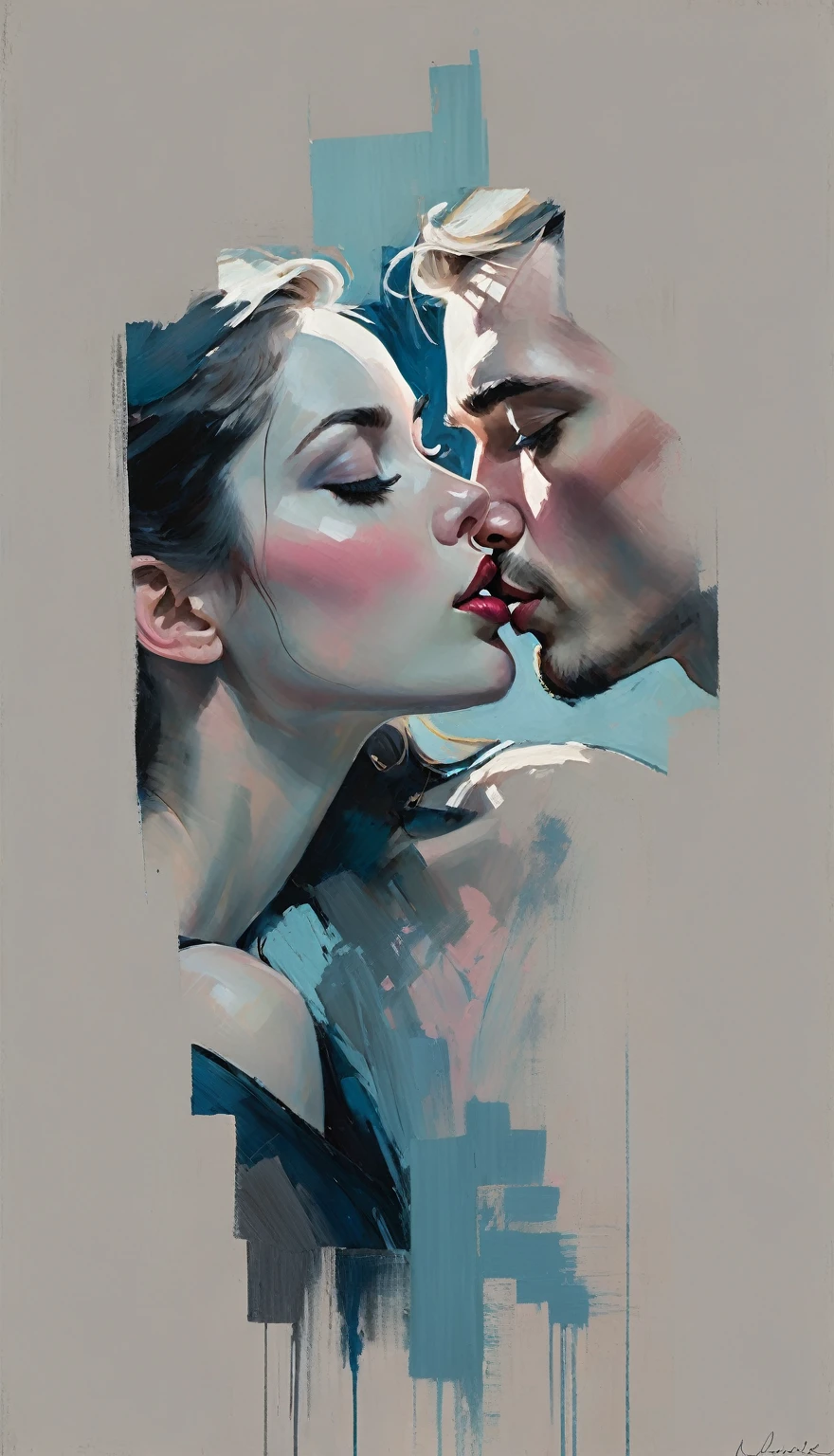 ภาพบุคคลร่วมสมัยของบุคคลในสไตล์ที่แสดงออกและมีศิลปะของ Malcolm Liepke,ผู้ชายกำลังจูบผู้หญิง ,ภาพโคลสอัพใบหน้าของแบบที่มีการใช้พู่กันแบบไดนามิกอย่างเข้มข้น, เน้นการจับภาพความลึกและพื้นผิว, ไฮไลท์สีชมพูอ่อนและสีน้ำเงินสดใสและพื้นที่ที่มีชีวิตชีวา, สีฟ้าปิดเสียง, สีน้ำเงินอมเทาเข้ม, สีเทาเข้มมาก, และเงาสีน้ำเงินเทาอ่อนและความลึก, การเปลี่ยนแปลงที่ละเอียดอ่อนของโทนสีเดียวกันในพื้นหลัง, ความสง่างามทันสมัยและความเข้มข้นทางอารมณ์