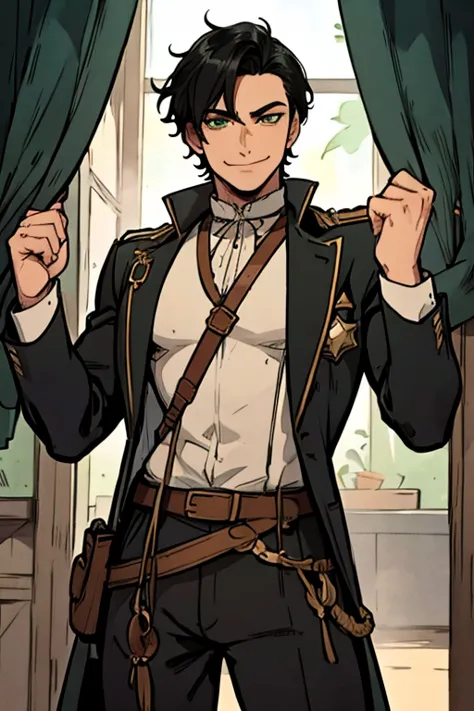 a muscular black haired man with green eyes in a sheriff's outfit is watching the stars in a wild west town with a big smile