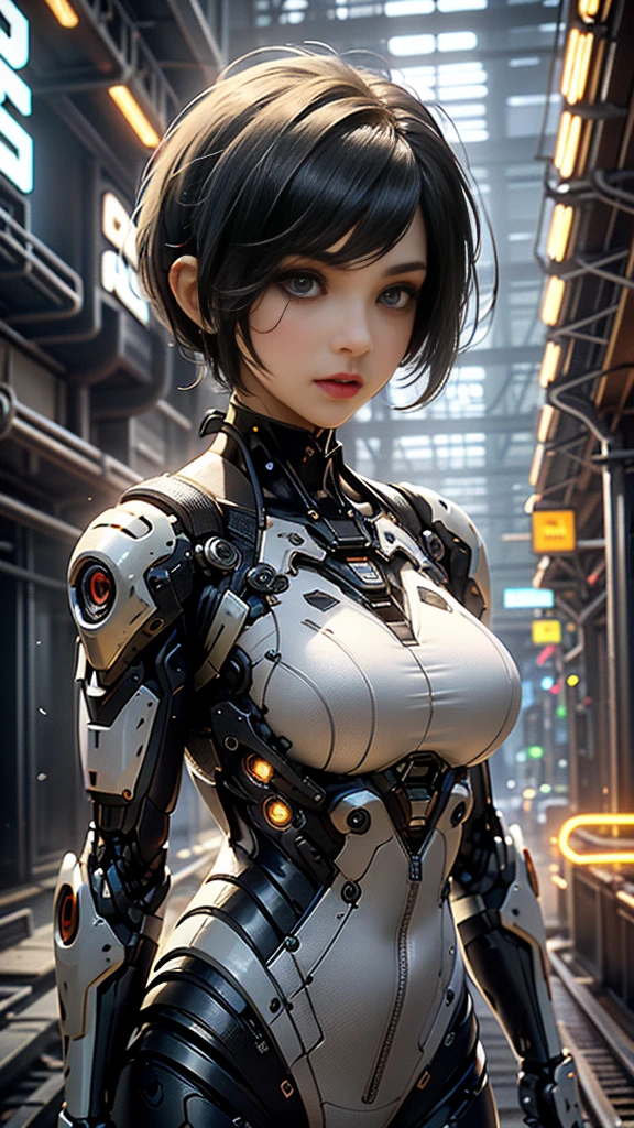 (Ultra detailed:1.1, best quality:1.1, photoelectric:1.1, absolutely resolution), A woman, (woman in cybernetics bikini armor, tactical suit ), dress up sexy, (future technical wear, detailed:1.1), Mechanical prosthesis, mechanical skeleton, (future gun, holding the gun at ready), (night abandoned cyberpunk city), Neon Billboard, Better image quality, Maximum clarity and clarity, Ultra-realistic realism, contrasts of light and shadow, cinematic lighting, Ray Tracing, reflective light, ((detailed beautiful sexy face, eyeliner , eyeshadows, false eyelashes, attractive face ), detailed skin texture, detailed big eyes, (hair over one eye, ((short pixie-cut)), hair illuminated neon), Retro-futuristic mechanic bikini suit, athlete body, Featured cute breasts, (white neon suit), sexy Bikini, detailed background,