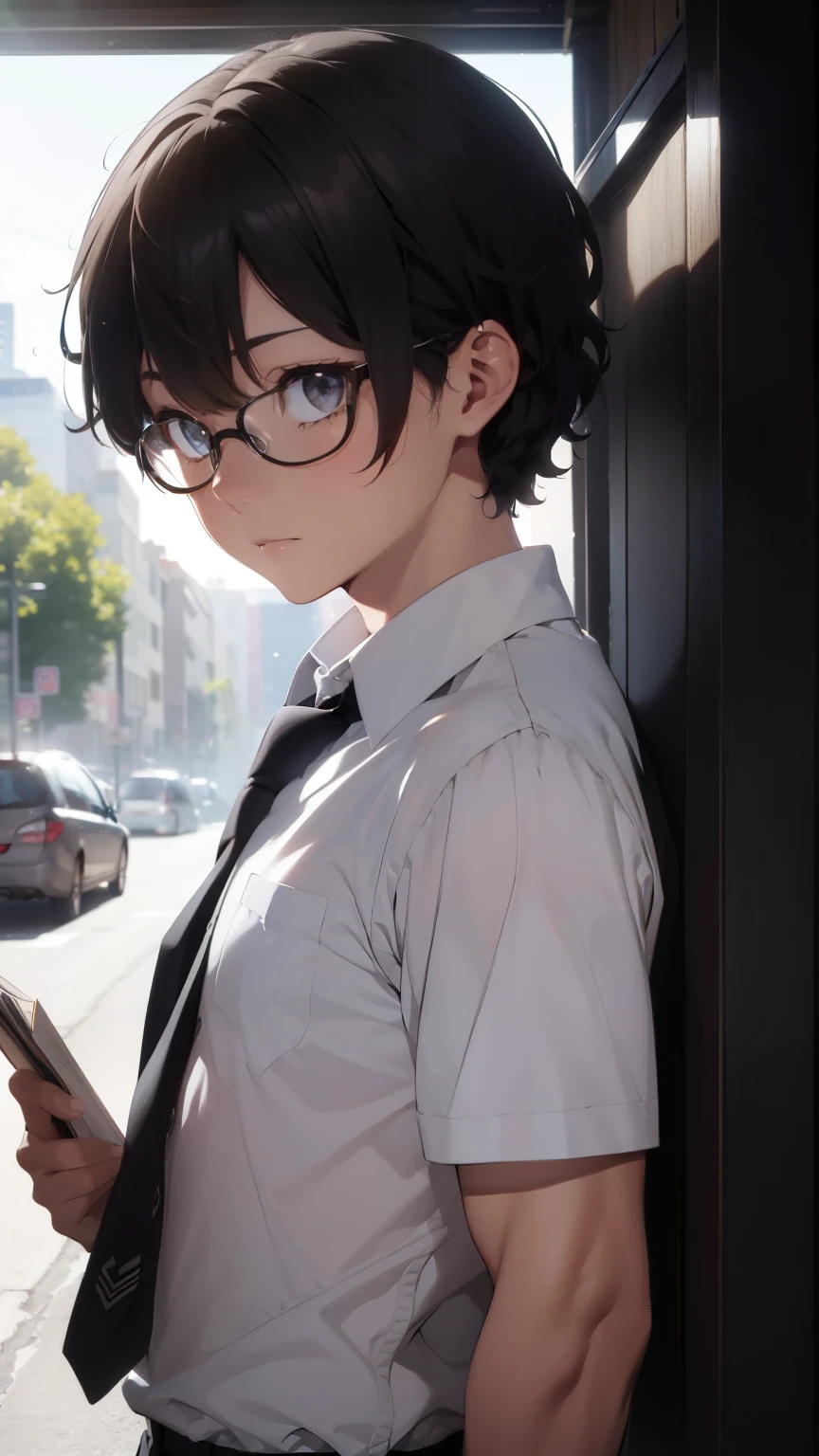 (1 boy), (school boy), Symmetrical Eyes, male, tie, holding a book, small book in hand, (holding small book), Thick black frame glasses, shy, black messy hair, bluish-grey eye color, wearing glasses, 4k, detailed, anime 4k, (Curly hair), from side, character focus, ((black light)),((dark lighting)), cinematic lighting ,(darkness), (concept art), high resolution,(incredibly absurdres) ,extremely detailed CG unity 8k wallpaper, ((masterpiece)), ((top-quality)), (beautiful illustration), ((an extremely delicate and beautiful)), (masterpiece, Best quality, ultra high resolution), Black hair, pale skin, ultra detailed eyes, Beautiful and detailed face, detailed eyes, (Centered, torso), (wide shot:0.9), facing the viewer, Eye level, ((male)), shy, blushing, masculine face, narrow eyes, flat chest, masculine build, slightly muscular,
