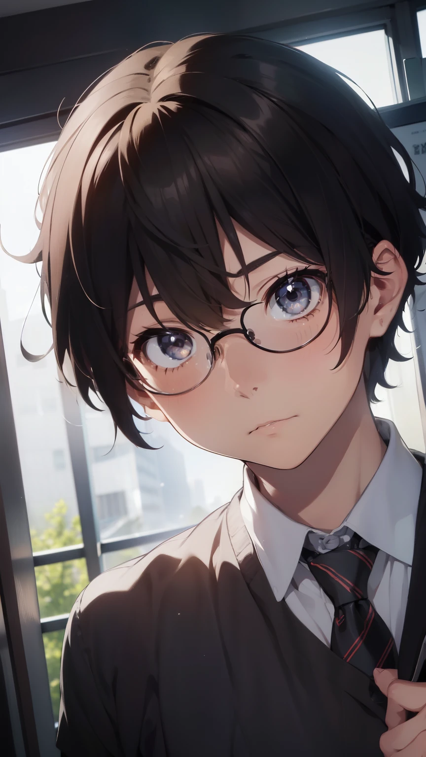 (1 boy), (school boy), Symmetrical Eyes, male, tie, holding a book, small book in hand, (holding small book), Thick black frame glasses, shy, black messy hair, bluish-grey eye color, wearing glasses, 4k, detailed, anime 4k, (Curly hair), from side, character focus, ((black light)),((dark lighting)), cinematic lighting ,(darkness), (concept art), high resolution,(incredibly absurdres) ,extremely detailed CG unity 8k wallpaper, ((masterpiece)), ((top-quality)), (beautiful illustration), ((an extremely delicate and beautiful)), (masterpiece, Best quality, ultra high resolution), Black hair, pale skin, ultra detailed eyes, Beautiful and detailed face, detailed eyes, (Centered, torso), (wide shot:0.9), facing the viewer, Eye level, ((male)), blushing, masculine face, narrow eyes, flat chest, masculine build, slightly muscular,
