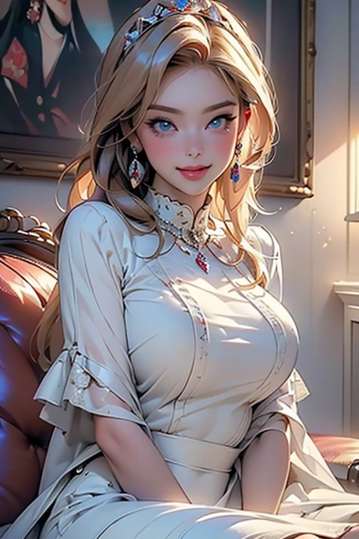 ((masterpiece, best quality, perfect eyes, perfect face, perfect anatomy, perfect lighting ((England 1500)), ((Busty Bitches)), 1girl(1 milf))) ecchi friend's Barbie mom(sitting on expensive couch, cheeky smile, duchess dress, head regalia, expensive jewellery),(Private chambers  )