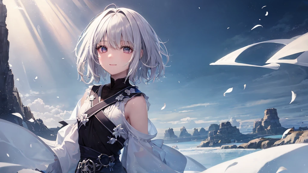 Ultra HD,Look at the viewers, Put your hands behind your back, With a girl, 20-year-old, 非常にShort Hair, Long bangs between the eyes, Pale blue eyes, Very detailed,(masterpiece、Highest quality),Gray Hair、Laughter、Fantastic, Silver Hair, Iris, Short hair、 Fluttering Hair、Small Face、明るいsmile、(Detailed face) ,Professional Lighting,Wonderful landscape,blue sky, sunlight,Looking down from above,Portraiture、Open your mouth、Flower Field、Her eyes were shining、Mysterious and enchanting atmosphere。With AI Painting、とてもShort Hair, Long bangs between the eyes, Very detailed,(masterpiece、Highest quality)、alone、Gray Hair、Fantasy, Silver Hair, Fantasyな風景、smile、Open your mouth、short hair、Short Hair、hairpin、black eye、Grey Eyes、Beautiful Eyes、Black Shirt、White hoodie