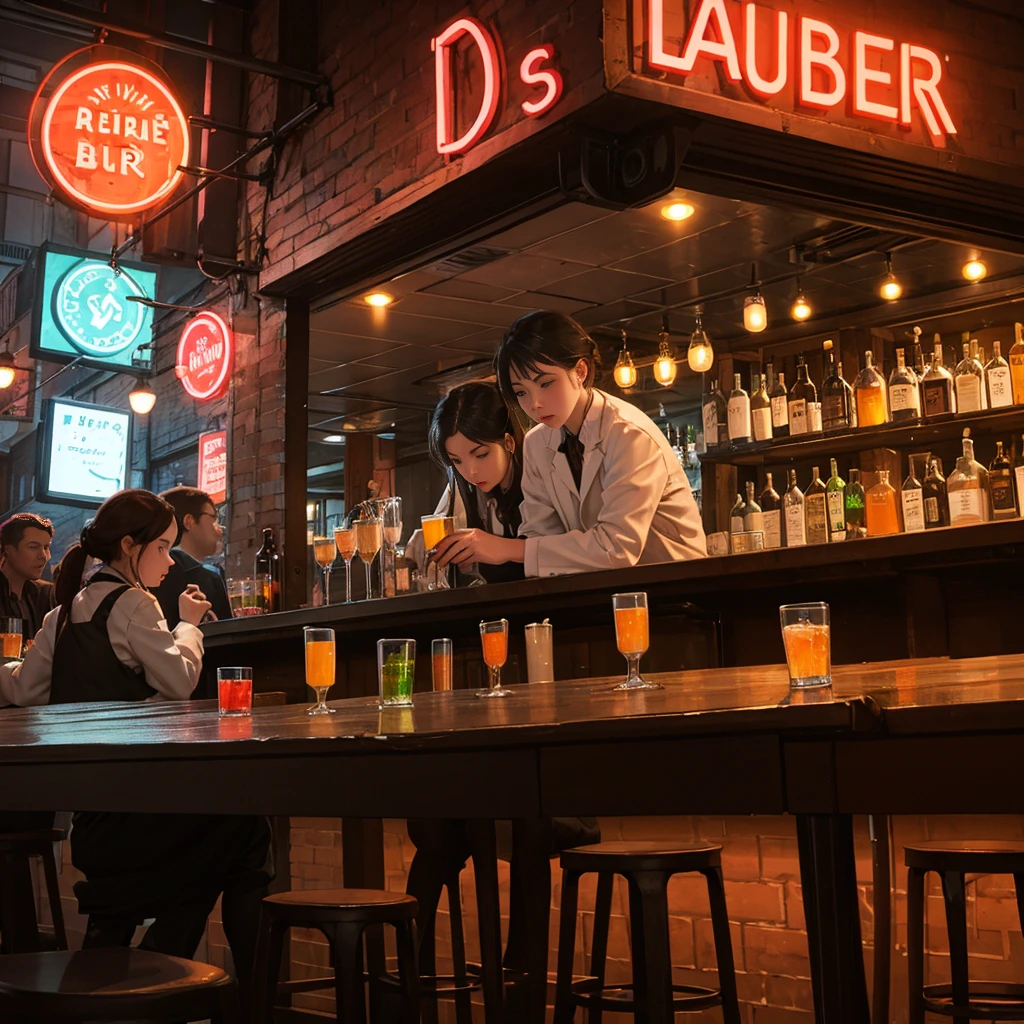 Outside pub, bar, crowd of people, night, neon lights, modern ...