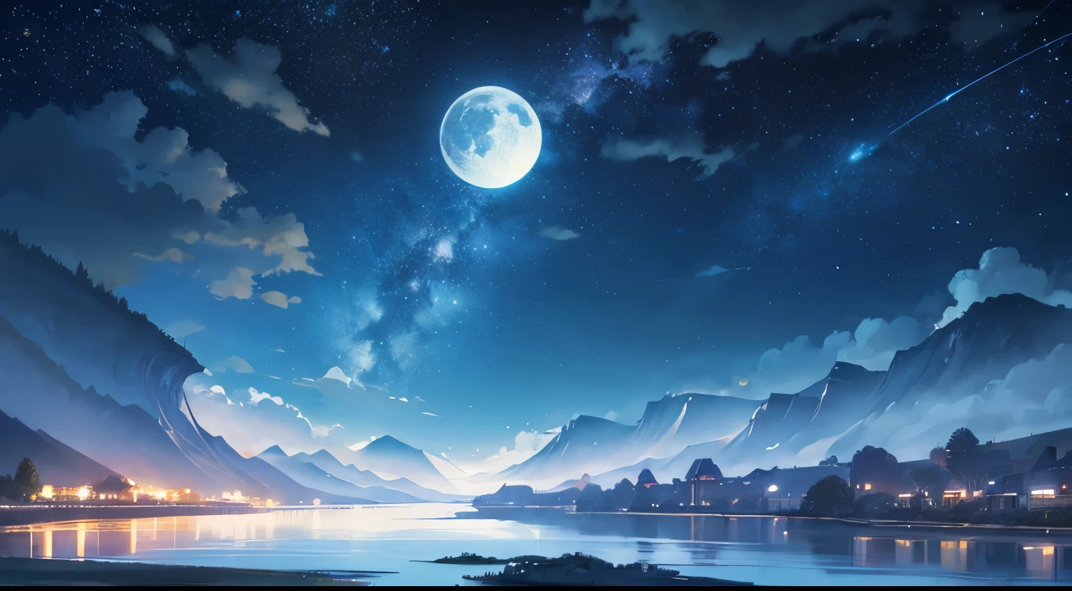 Painting of a river with stars and moon floating in the sky, Concept art inspired by Mitsuoki Tosa, pixiv Contest Winner, Highest quality, Fantasy art, Beautiful anime scene, Bright Moon, 月明かりとStarry Skyの環境, Dream Painting, Anime Background Art, Fantasy Landscape Painting, Fantasy Night, Anime Background, Background artwork, Great art, Atmospheric anime, Starry Sky, Detail enhancements.