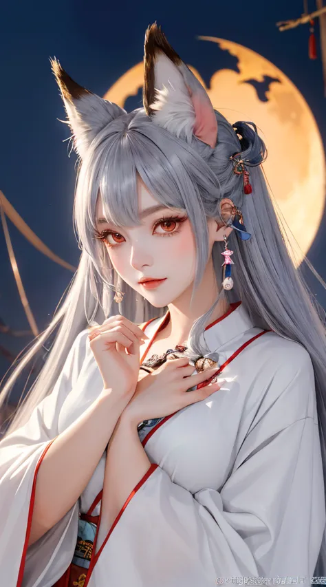 (best quality、8k,absurderes,highest grade,portrait,long hair with gray hair、piercing、kyuubi has fox ears and a tail.........、anc...